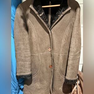 Pasha & Jo shearling suede brown coat jacket sheepskin Small fur collar